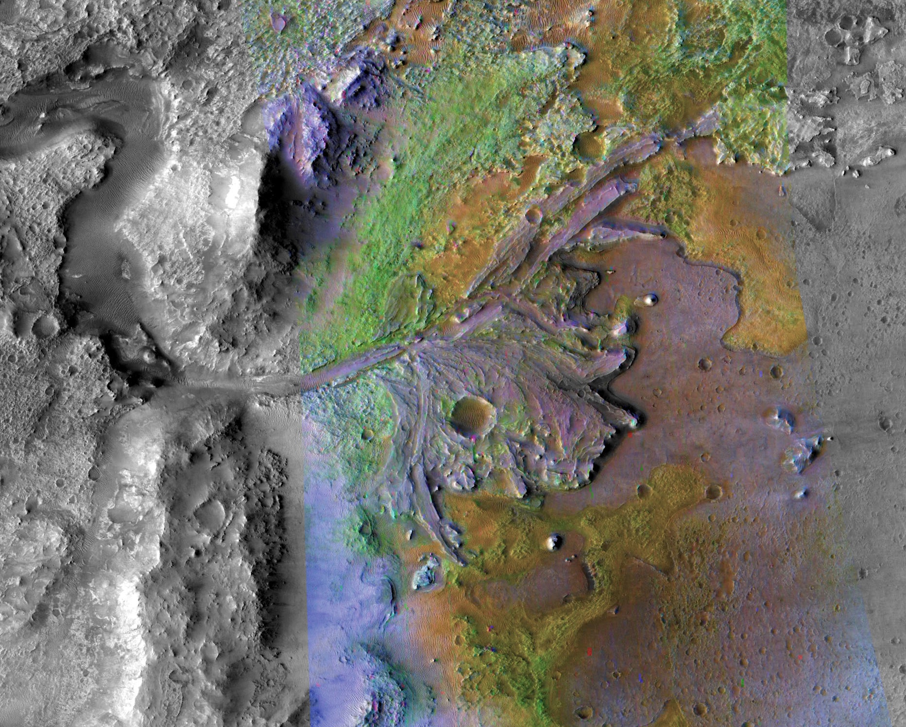 Organic Cemetery?: A color-enhanced image of the delta in Jezero crater, a past lake on Mars. Researchers led by Brown graduate student Bethany Ehlmann report that ancient rivers ferried clay-like minerals (shown in green) into the lake, forming the delta. The clays then were trapped, meaning they could store past life.